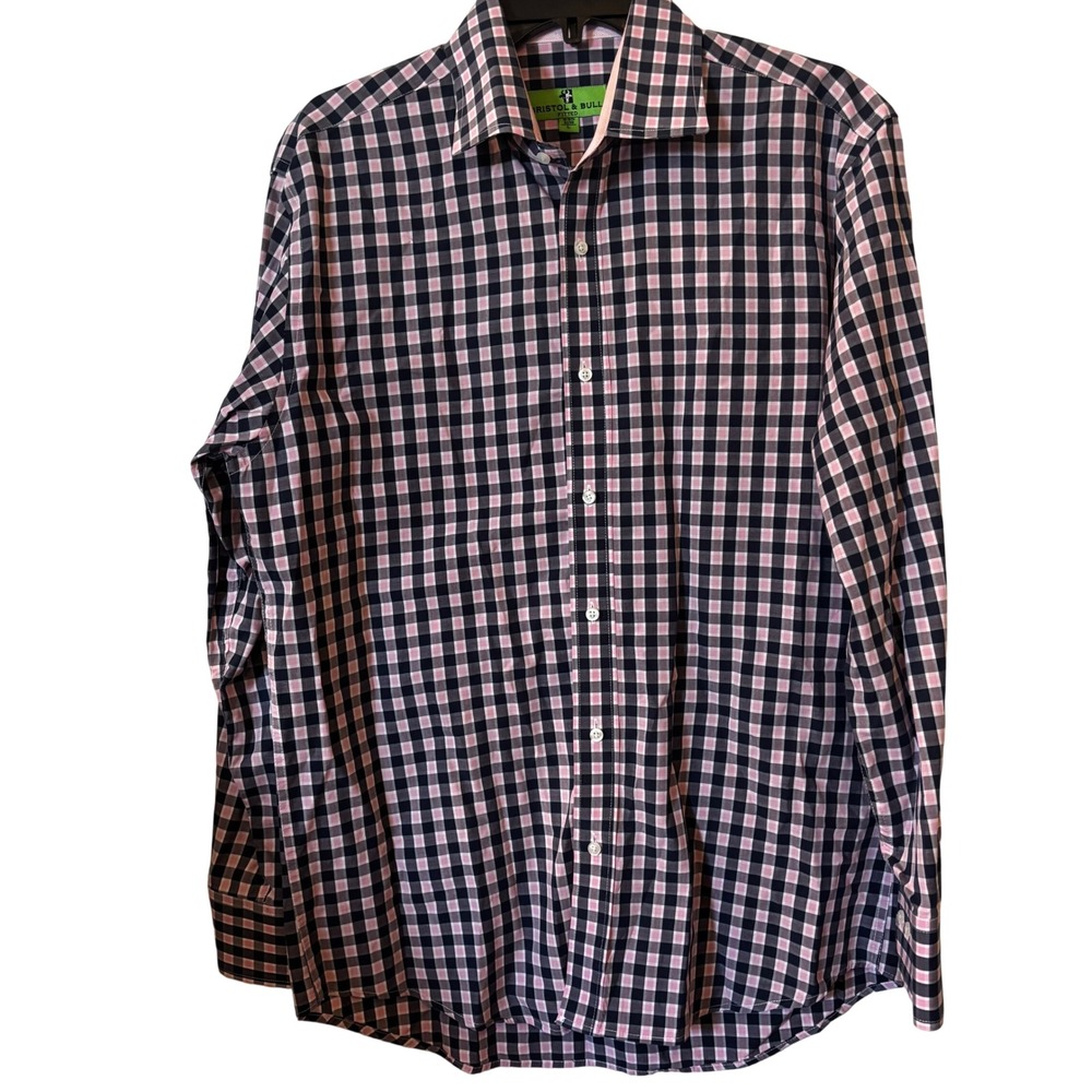 Bristol‎ & Bull Fitted Shirt Men's Large Button Down Collared Pink Navy Plaid